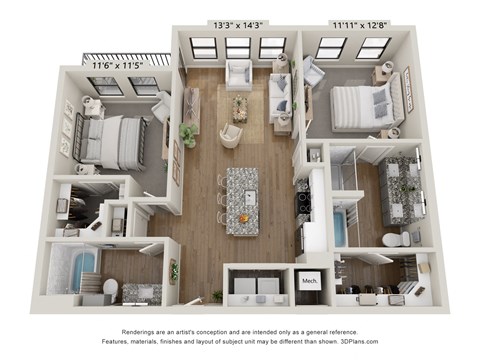 Floor plan for 2 beds, 2 baths, 1100 sqft